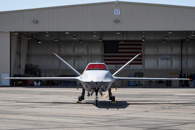 The XQ-67A Off-Board Sensing Station unmanned aerial vehicle, one prototype of the future AI drone fleet developed under the USAF's Air Force Research Laboratory, is displayed at General Atomics' test facility at Gray Butte in Palmdale, Calif., on Wednesday, May 1, 2024.