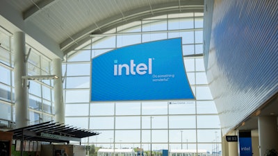 Intel advertising on a digital screen at San Jose International Airport, San Jose, Calif., Sept. 2022.