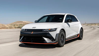 This photo provided by Hyundai shows the 2025 Ioniq 5 N. The N badge signifies this is the 641-horsepower high-performance version of the Ioniq 5 EV.