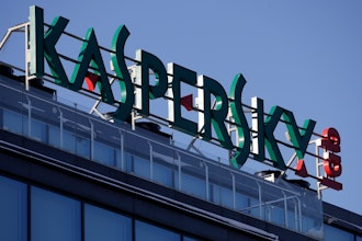 The sign is seen above the headquarters of Kaspersky Lab in Moscow.