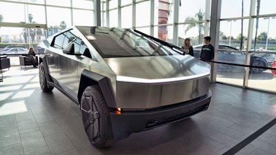 A Tesla Cybertruck is on display at the Tesla showroom in Buena Park, Calif.