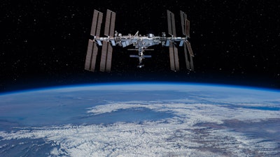 International space station on orbit of Earth planet.