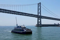 The MV Sea Change, the first commercial passenger ferry powered by hydrogen fuel cells, is seen on the water.