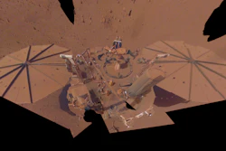 This image provided by NASA shows the InSight Mars lander in a selfie photo composite on April 24, 2022, the 1,211th Martian day, or sol, of the mission.