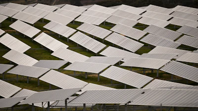 Some of the about 30 hectares (74 acres) of solar panels at the Williamsdale Solar Farm are displayed south of Canberra, Australia.