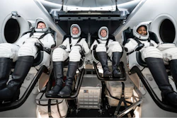 This photo provided by SpaceX shows, from left, Russian Aleksandr Gorbunov, and NASA's Nick Hague, Zena Cardman and Stephanie Wilson at SpaceX headquarters in Hawthorne, Calif., on May 6, 2024.