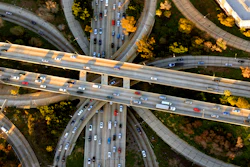 Helicopter aerial view of the famous Los Angeles four level freeway interchange.