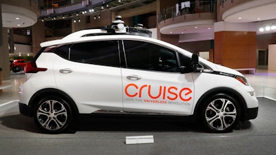 In this Jan. 16, 2019, photo, Cruise AV, General Motor's autonomous electric Bolt EV is displayed in Detroit.