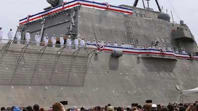 Thousands attend the commissioning ceremony for the USS Manchester at the New Hampshire State Pier in Portsmouth, N.H.