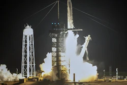 A SpaceX Falcon 9 rocket with a crew of four lifts off from pad 39A at the Kennedy Space Center in Cape Canaveral, Fla.