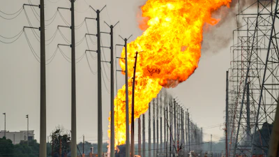 A pipeline carrying liquified natural gas burns near Spencer Highway and Summerton on Monday, Sept. 16, 2024, in La Porte, Texas.