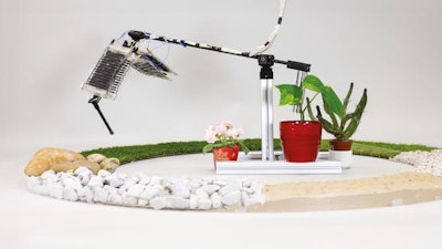 The robotic leg jumps across different terrains.