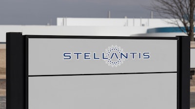 Stellantis sign outside a transmission plant in Indiana.
