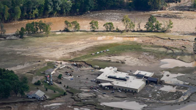 An aerial view of flood-damaged Unicoi County Hospital in the aftermath of Hurricane Helene, Saturday, Sept. 28, 2024, in Erwin, Tenn.