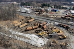 A view of the scene Feb. 24, 2023, as cleanup continues at the site of a Norfolk Southern freight train derailment that happened on Feb. 3, in East Palestine, Ohio.