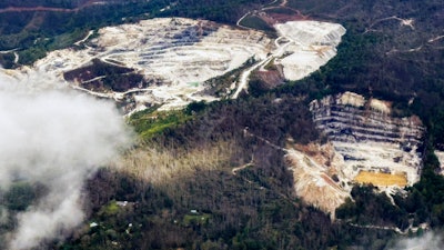 An aerial view of quartz mines in Spruce Pine, N.C., as taken from a plane on Monday, Sept. 30, 2024.