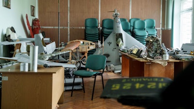 Parts of downed Shahed drones launched by Russia are piled in a storage room of a research laboratory in Kyiv, Ukraine, on Aug. 28, 2024.