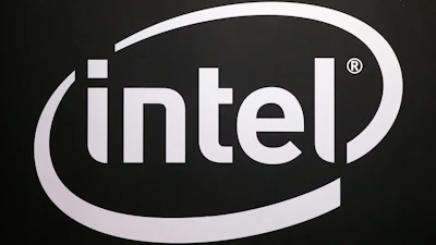 The logo of semiconductor chip maker Intel is pictured at the Paris games week in Paris, Nov. 4, 2017.