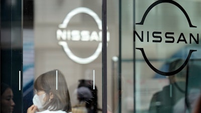 Logos at a Nissan showroom are seen in Ginza shopping district in Tokyo, on March 31, 2023.