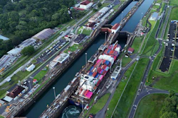A cargo ship in the Agua Clara Locks of the Panama Canal, Colon, Panama, Sept. 2, 2024.