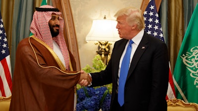 President Donald Trump shakes hands with Saudi Deputy Crown Prince and Defense Minister Mohammed bin Salman during a bilateral meeting, in Riyadh, May 20, 2017.
