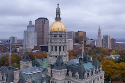 Aerial view of the Connecticut statehouse and downtown Hartford.