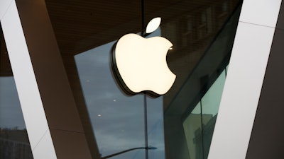 An Apple logo adorns the facade of the downtown Brooklyn Apple store on March 14, 2020, in New York.