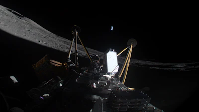 This photo provided by Intuitive Machines on Friday, March 7, 2025, shows the Athena, a private lunar lander, after landing sideways in a crater near the moon's south pole.