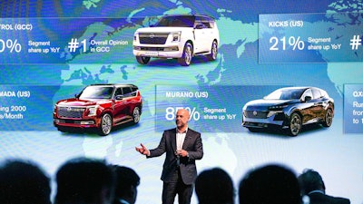In this photo provided by Nissan Motor Corp., Ivan Espinosa, who will become the chief executive at Japanese automaker Nissan in April, speaks at the Nissan Technical Center in Atsugi, Japan, Wednesday, March 25, 2025.
