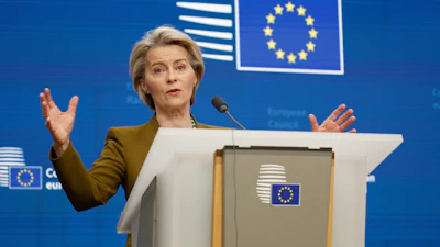 European Commission President Ursula von der Leyen addresses a media conference at the end of an EU summit in Brussels, Thursday, March 20, 2025.