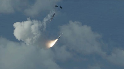 A Medium Range Ballistic Missile with a Hypersonic Target Vehicle (HTV) - 1 front end is air launched from a C-17 aircraft off the coast of the Pacific Missile Range Facility, Hawaii, during Flight Test Other-40, or FTX-40, March 24, 2025.