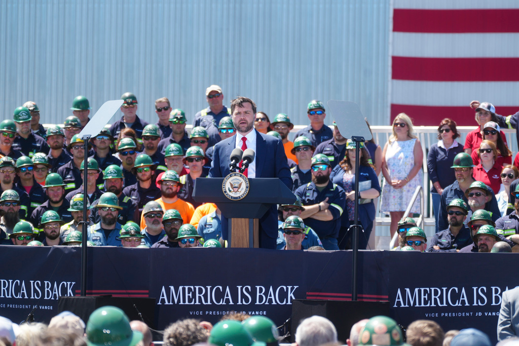 Vice President JD Vance makes remarks during an event to mark the Trump administration's first 100 days at a Nucor Steel Berkeley, Thursday, May 1, 2025, in Huger, S.C.