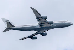 A 13-year-old private Boeing aircraft that President Donald Trump toured on Saturday to check out new hardware and technology features, and highlight the aircraft maker's delay in delivering updated versions of the Air Force One presidential aircraft, takes off from Palm Beach International Airport, Feb. 16, 2025, in West Palm Beach, Fla.