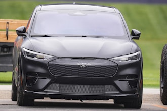 A Ford Mustang Mach-E sits in the players' parking lot Thursday, May 29, 2025, at the Denver Broncos' headquarters in Centennial, Colo.