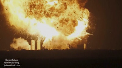 This image provided by rocketfuture.org shows a SpaceX rocket explodes at Starbase, SpaceX’s launch site at the southern tip of Texas late Wednesday, June 18, 2025.