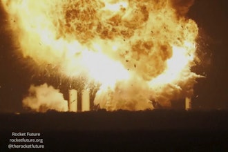 This image provided by rocketfuture.org shows a SpaceX rocket explodes at Starbase, SpaceX’s launch site at the southern tip of Texas late Wednesday, June 18, 2025.