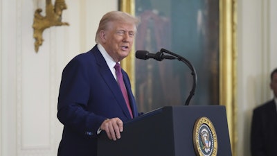 President Donald Trump speaks during an event to sign a bill blocking California's rule banning the sale of new gas-powered cars by 2035 in the East Room of the White House, Thursday, June 12, 2025, in Washington.