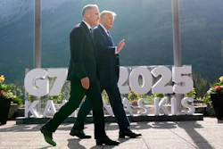 Canada Prime Minister Mark Carney walks with President Donald Trump at the G7 Summit, June 16, 2025, Kananaskis, Alberta, Canada.