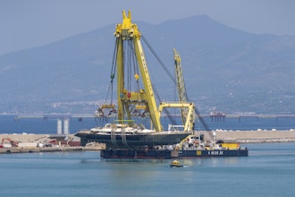 The hull of the superyacht Bayesian, which sank near Palermo, Sicily, on August 19, 2024, is taken to the shipyard in Termini Imerese, Sunday, June 22, 2025.