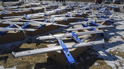Ukrainian-made fixed-wing Besomar 3210 drone interceptors are handed over to the Armed Forces by Kozytskyi Charity Foundation in an undisclosed location in the Lviv region, western Ukraine, Friday, Feb. 21, 2025.