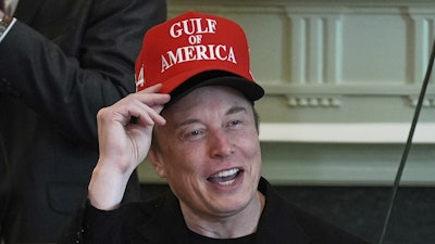 Elon Musk speaks during a cabinet meeting at the White House, April 30, 2025, in Washington.