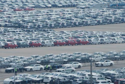 Vehicles for export parked at a port in Pyeongtaek, South Korea, July 8, 2025.
