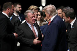 President Donald Trump and Denmark's Foreign Minister Lars Lokke Rasmussen before the start of a plenary session of the NATO Heads of State and Government summit, The Hague, Netherlands, June 25, 2025.