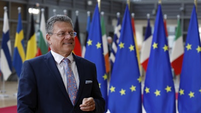 European Commissioner for Trade and Economic Security Maros Sefcovic arrives for a meeting of EU trade ministers at the European Council building, Brussels, May 15, 2025.