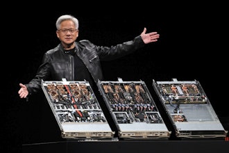 President and CEO of Nvidia Corporation Jensen Huang delivers a speech during the Computex 2025 exhibition in Taipei, Taiwan, Monday, May 19, 2025.