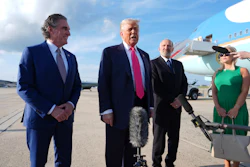President Donald Trump speaks to the media after arriving at Joint Base Andrews, July 15, 2025.