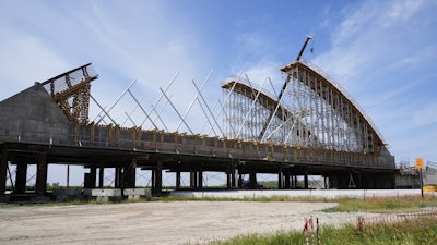 The Tied Arch Bridge construction site, which will take high-speed trains over State Route 43, April 15, 2025, in Fresno County, Calif.