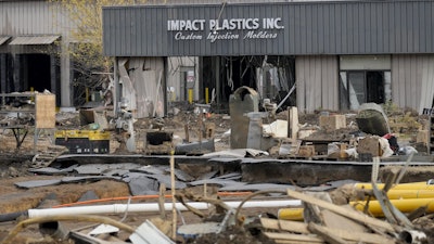 Debris lays in front of Impact Plastics Inc. in Erwin, Tenn., Nov. 22, 2024.