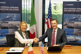 L3Harris Technologies Integrated Mission Systems President Jon Rambeau and ELT Group CEO and COO Domitilla Benigni take part in a ceremonial signing to formalize a new strategic partnership to establish a multi-sensor test facility for commercial, military and government programs.
