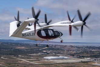 Joby’s new aircraft in flight over its expanded facility in Marina, California.